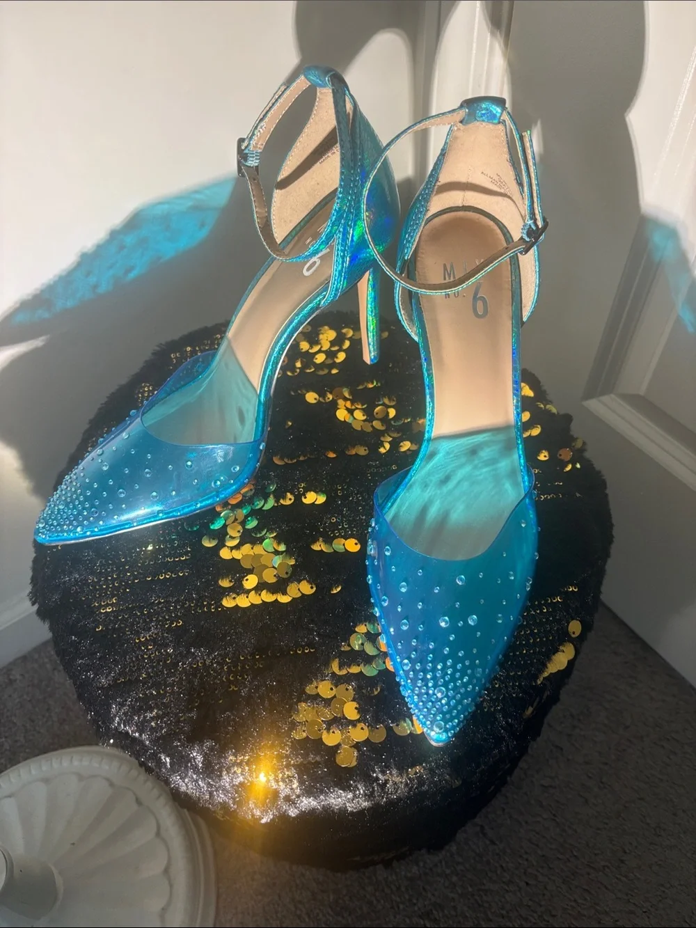 Mix No. 6 Turquoise Blue Crystal Pointed-Toe Ankle-Strap Heels - Picture 2 of 3